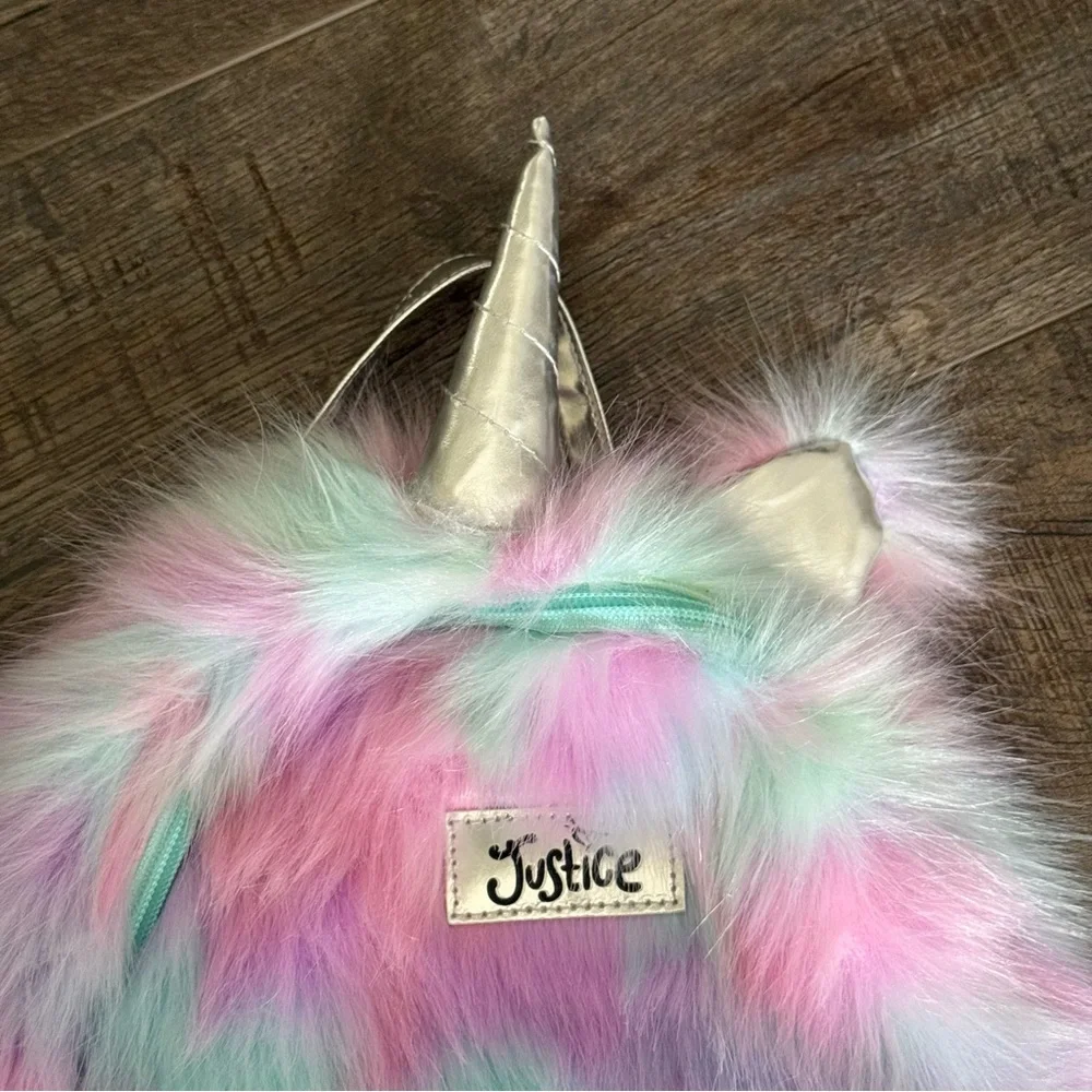 NWOT Justice Furry Unicorn Mini Backpack with Adjustable Straps